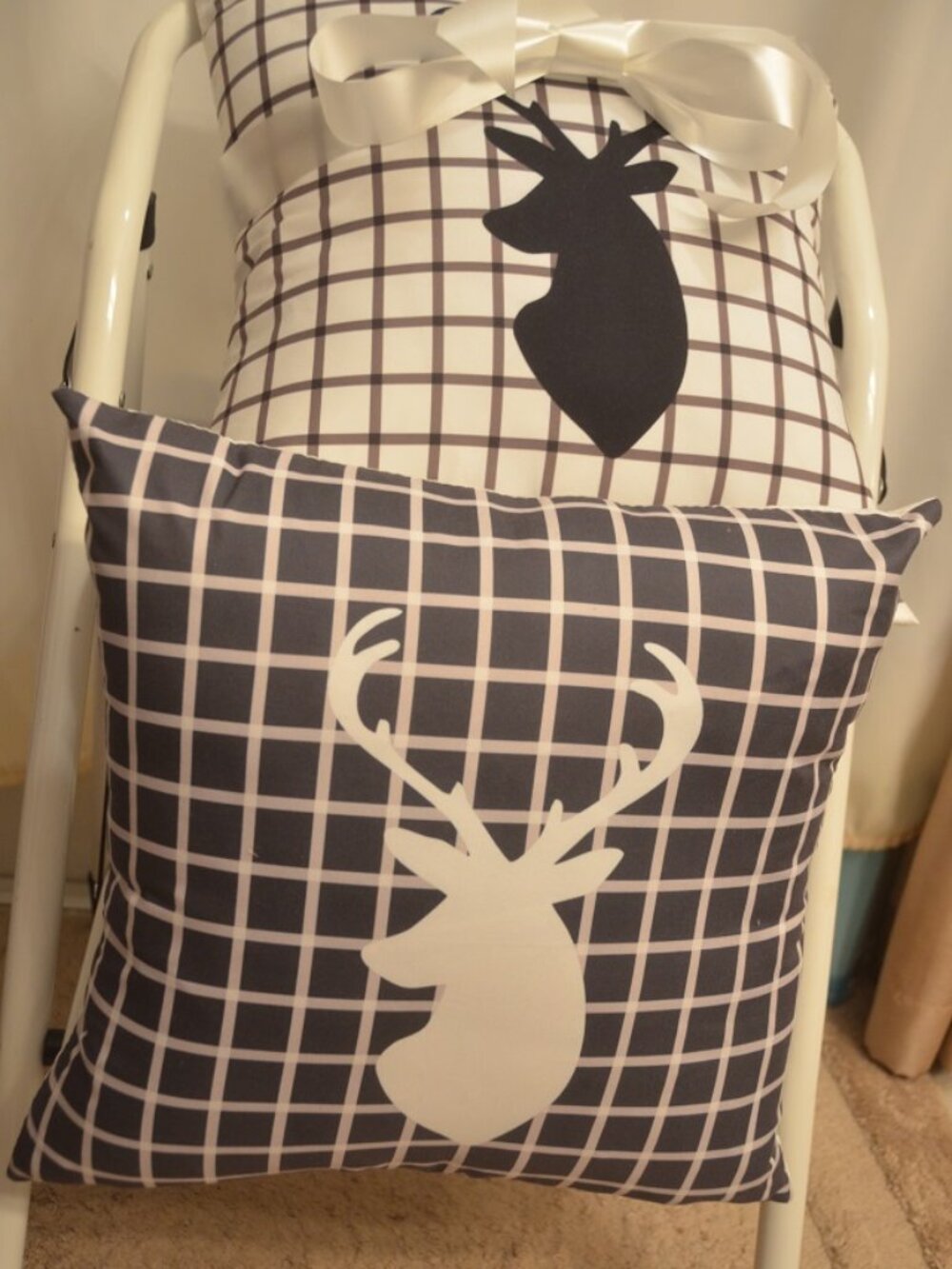 Pair  of  Black and White Plaid Deer Head Antler Decorative Throw Pillows